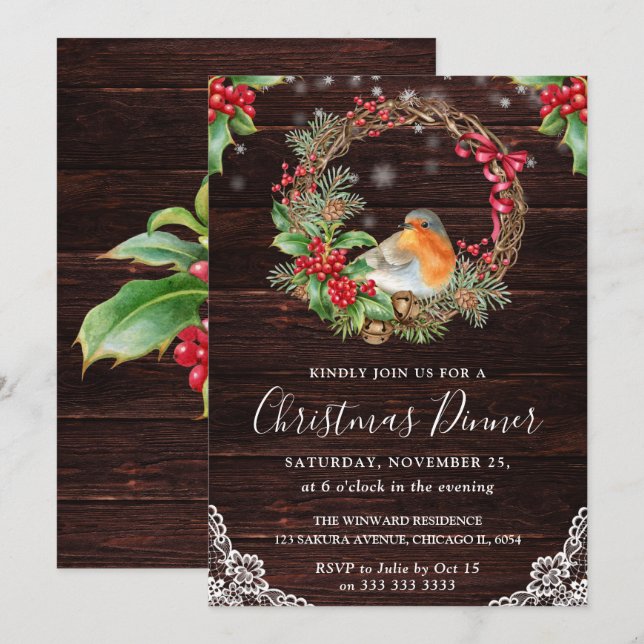Invitación Navidad de Robin Rústico y Corona de Holly (Anverso / Reverso)