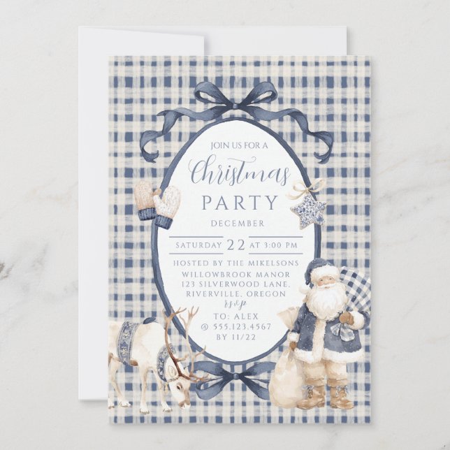 Invitación Navidad de Santa con gingham naval (Anverso)