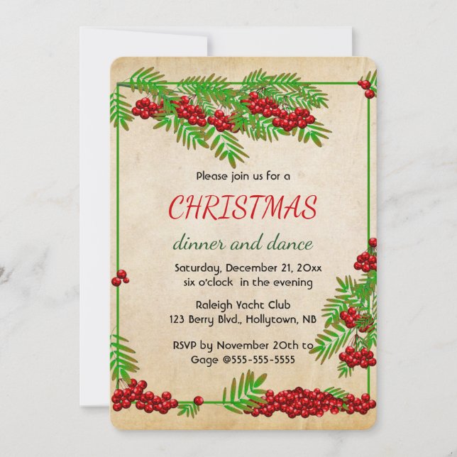 Invitación Navidad Editable con Bayas Rojas y Ramas Verdes  (Anverso)
