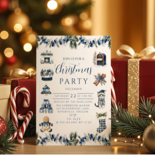 Invitación Navidad Elegante Chinoiserie Azul