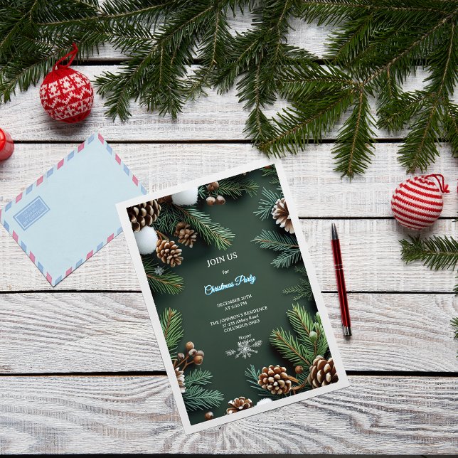 Invitación Navidad Elegante con Pinos 3D y Conos (Subido por el creador)