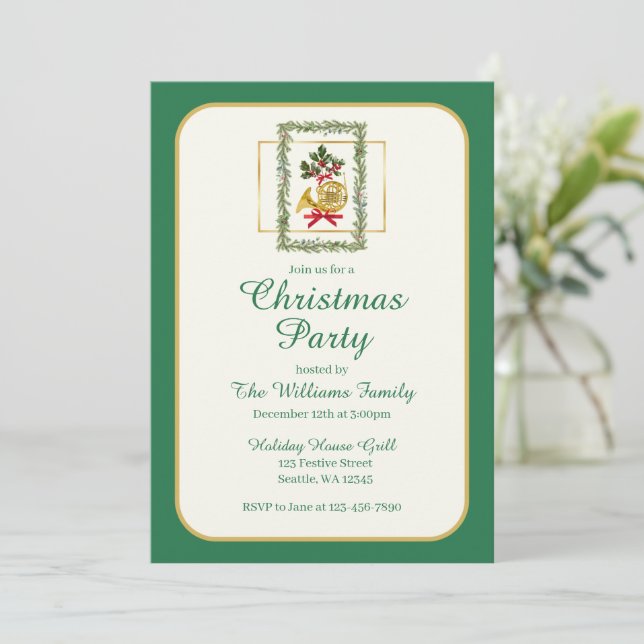 Invitación Navidad elegante de cuerno francés verde (Anverso de pie)