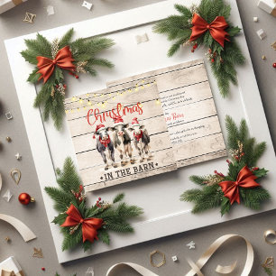Invitación Navidad en el granero Vacas con sombreros de Santa
