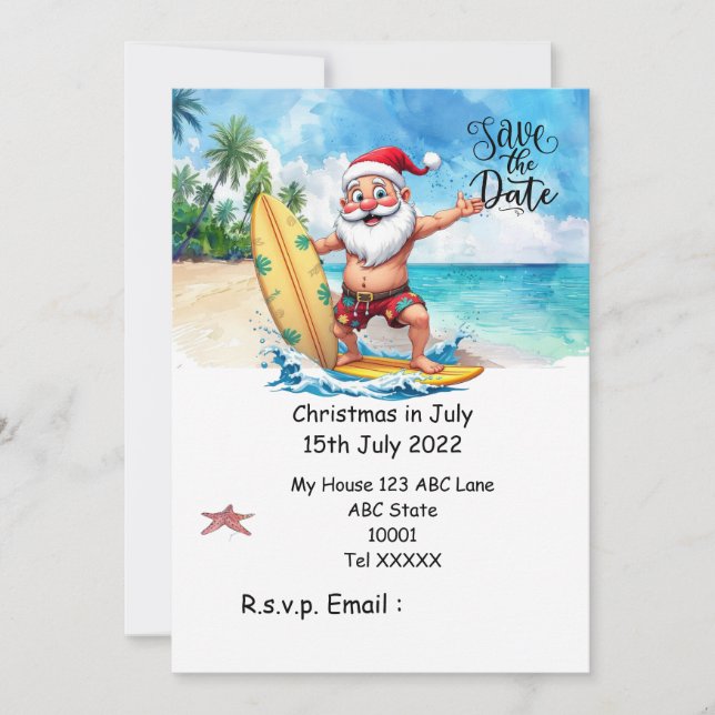 Invitación Navidad en Julio con SANTA CLAUS Guarda la fecha (Anverso)