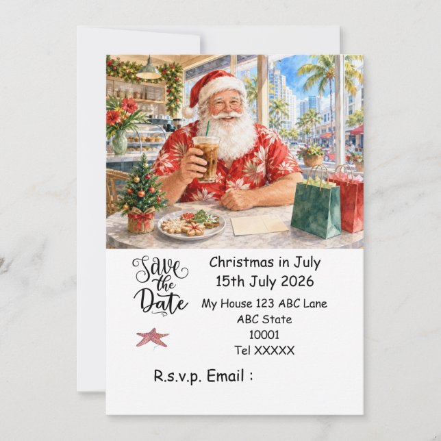 Invitación Navidad en Julio con SANTA CLAUS Guarda la fecha (Anverso)