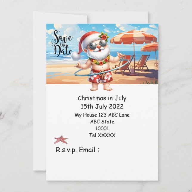 Invitación Navidad en Julio con SANTA CLAUS Guarda la fecha  (Anverso)