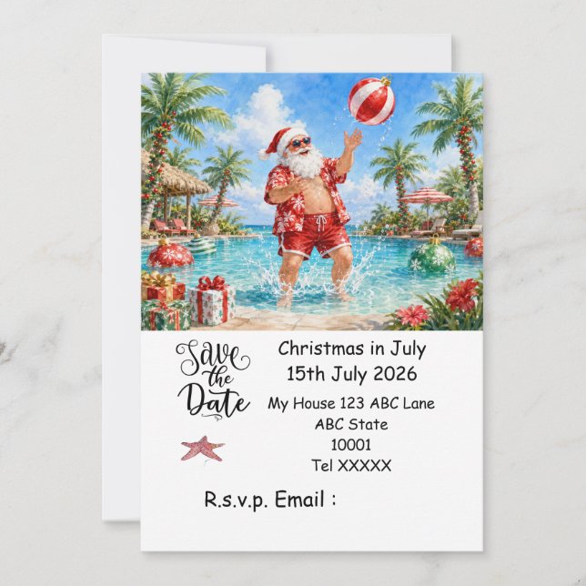 Invitación Navidad en Julio con SANTA CLAUS Guarda la fecha (Anverso)