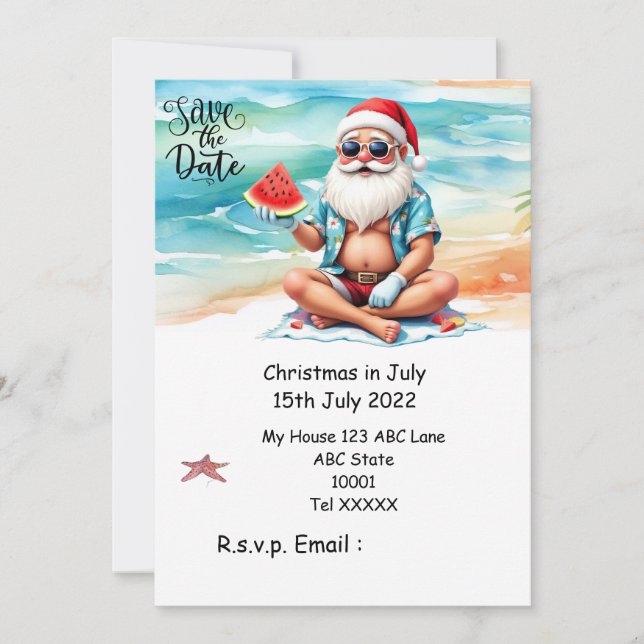 Invitación Navidad en Julio con SANTA CLAUS Guarda la fecha (Anverso)