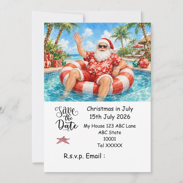 Invitación Navidad en Julio con SANTA CLAUS Guarda la fecha (Anverso)