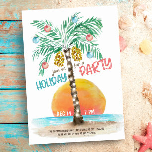 Invitación Navidad en la playa de la isla tropical con palmer