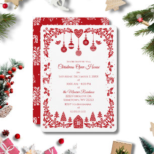 Invitación Navidad escandinava nórdica arte popular rojo