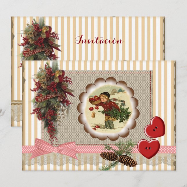 Invitación Navidad  estilo scrapbooking vintag (Anverso / Reverso)