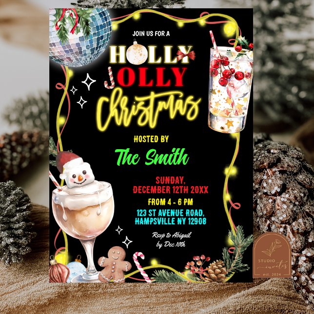 Invitación Navidad extravagante de neón Holly Jolly (Subido por el creador)