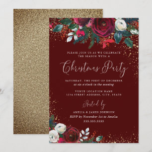 Invitación Navidad Floral Rojo Borgoña Polvo de Oro