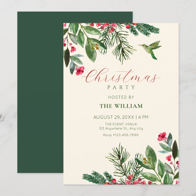 Invitación Navidad floral verde rojo (Anverso / Reverso)