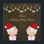 Invitación Navidad gemelo Baby Shower de los chicas<br><div class="desc">El oro con clase hermoso y el navidad marrón Baby Shower de los gemelos del chica invita con las niñas lindas con los gorras de santa, las cintas y los regalos rosados, una estrella bonita del oro, los ornamentos de la chispa elegante y los arcos colgantes en un fondo marrón...</div>