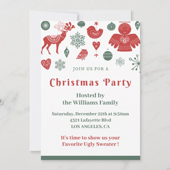 Invitación Navidad Hermoso Patrón Nórdico Verde (Anverso)