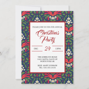 Invitación Navidad, Hojas de Acebo Verdes, Bayas, Lazo Rojo