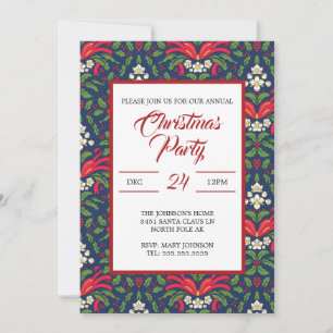 Invitación Navidad, Hojas Verdes de Acebo, Bayas, Lazo Rojo