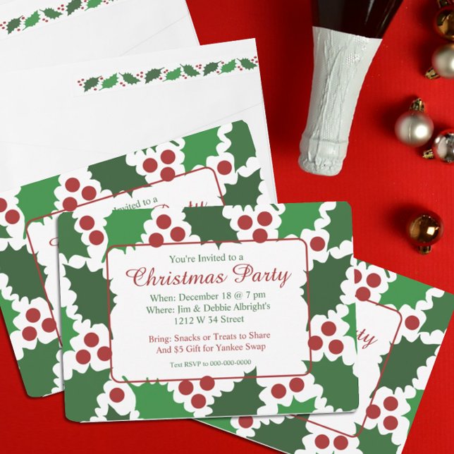 Invitación Navidad Jolly Holly verde y rojo moderno (Subido por el creador)