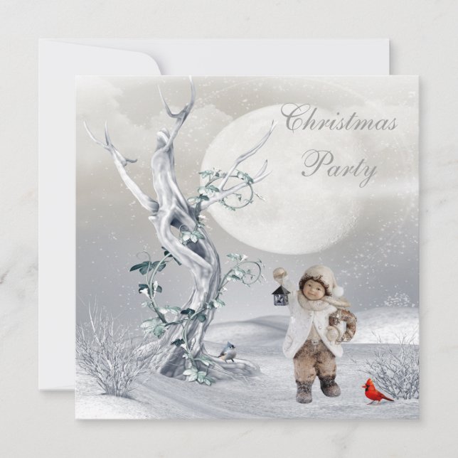 Invitación Navidad mágico del muchacho y de los pájaros de la (Anverso)