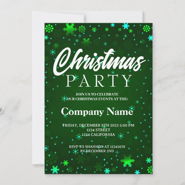 Invitación Navidad moderna copo de nieve verde blanco  (Anverso)