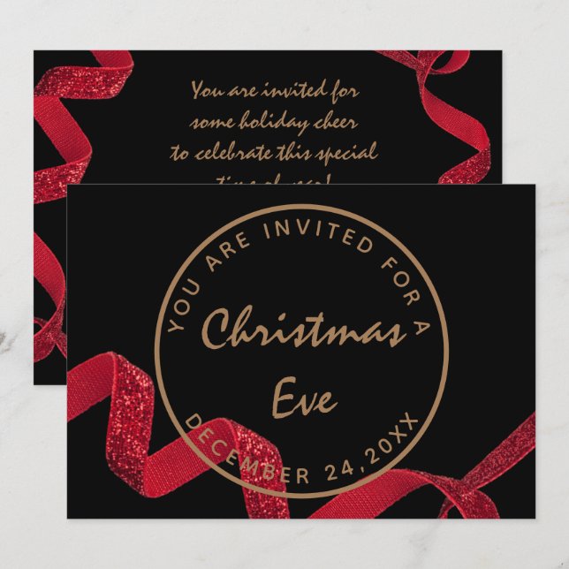 Invitación Navidad Negra Rojo Cena Invierno (Anverso / Reverso)