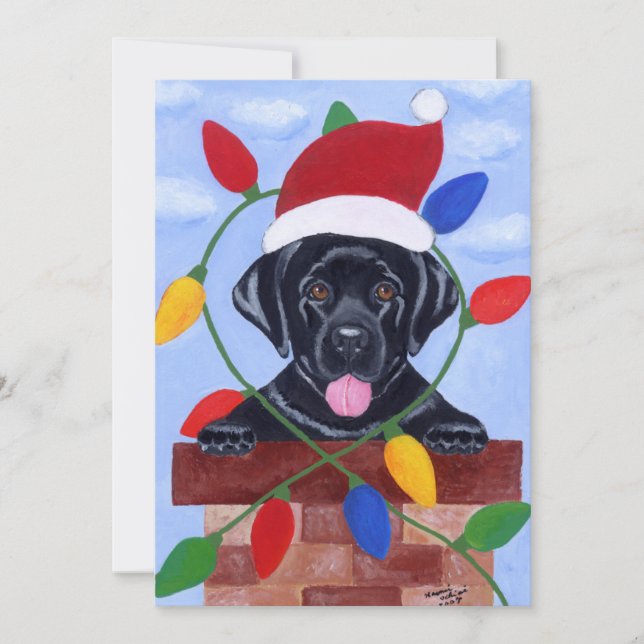 Invitación Navidad negro de Santa del perrito de Labrador (Anverso)