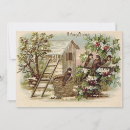 Invitación Navidad Pájaro Acebo Nieve Escalera Cosecha