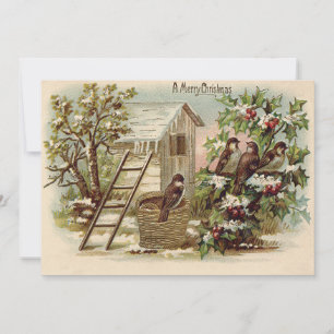 Invitación Navidad Pájaro Acebo Nieve Escalera Cosecha
