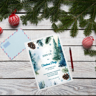 Invitación Navidad personalizable con árboles de pino acuarel