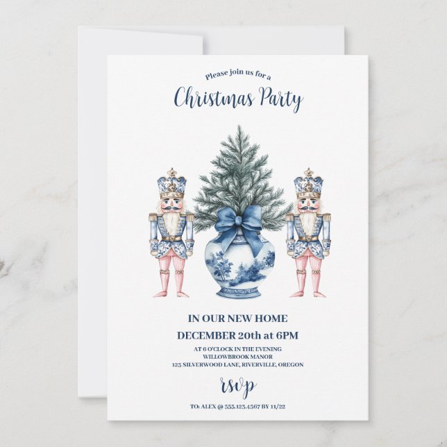 Invitación Navidad Picadora de Nueces Chinoiserie Azul (Anverso)