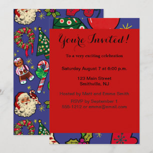 Invitación Navidad Retro Vintage Colorido Azul Rojo Verde