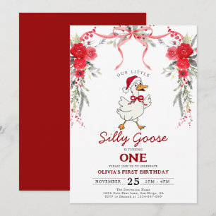 Invitación Navidad Roja Silly Goose Girl 1er Cumpleaños