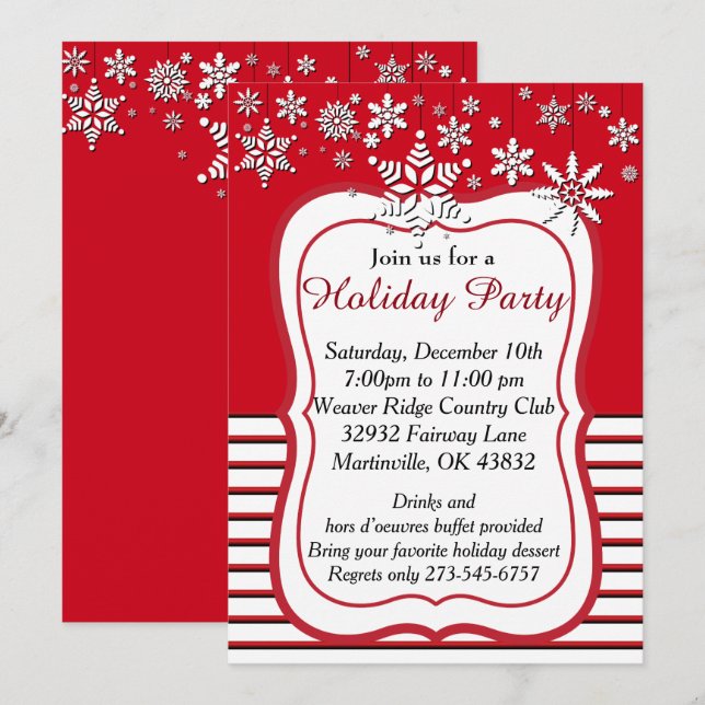 Invitación Navidad rojo y blanco del copo de nieve (Anverso / Reverso)