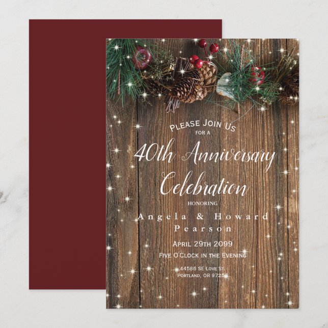 Invitación Navidad Rústica de Campo 40 Aniversario de Bodas (Anverso / Reverso)