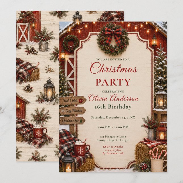 Invitación Navidad Rústica en el Granero Dieciséis (Anverso / Reverso)