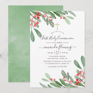 Invitación Navidad Santa Comunión Acuarela Holly Jolly