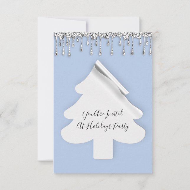 Invitación Navidad Tree Dinner Holidays Blue Silver Drips (Reverso)