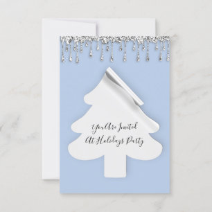 Invitación Navidad Tree Dinner Holidays Blue Silver Drips