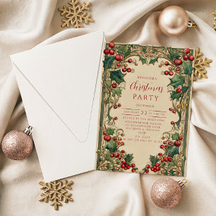 Invitación Navidad victoriana con acebo y bayas