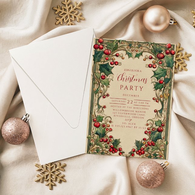 Invitación Navidad victoriana con acebo y bayas (Subido por el creador)