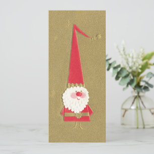 Invitación Navidad Vintage, adorable gnomo Papá Noel en oro