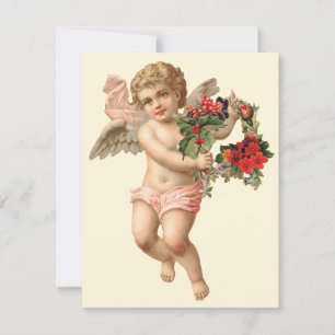Invitación Navidad Vintage, Ángel Victoriano con Corona Flora