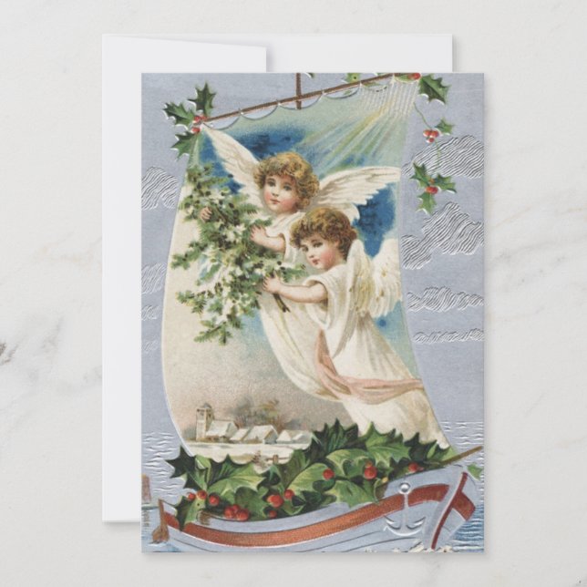 Invitación Navidad vintage, ángeles victorianos en velero (Anverso)