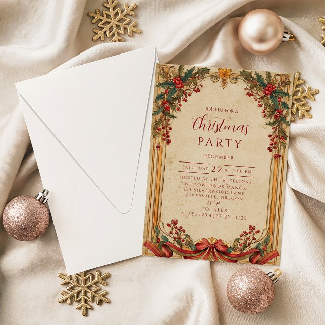 Invitación Navidad Vintage Holly y Oro (Subido por el creador)