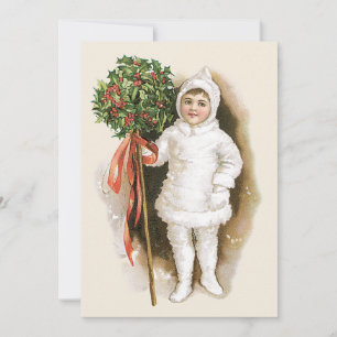 Invitación Navidad Vintage, niña victoriana con acebo