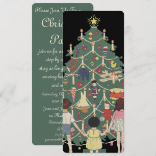 Invitación Navidad Vintage Niños Alrededor de un Árbol Decora
