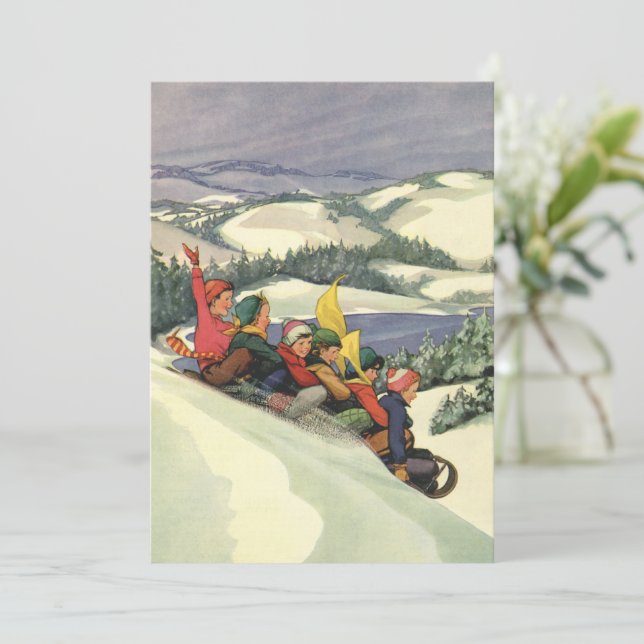 Invitación Navidad vintage, niños descansando en una montaña (Anverso de pie)