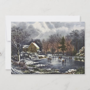 Invitación Navidad vintage, primeros patinadores de invierno